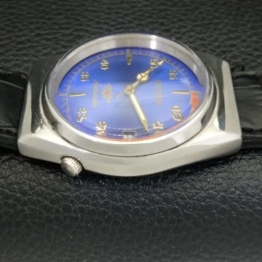 Vintage 1986 Citizen Automatic Mens Silver Watch W/daydate & Blue accents